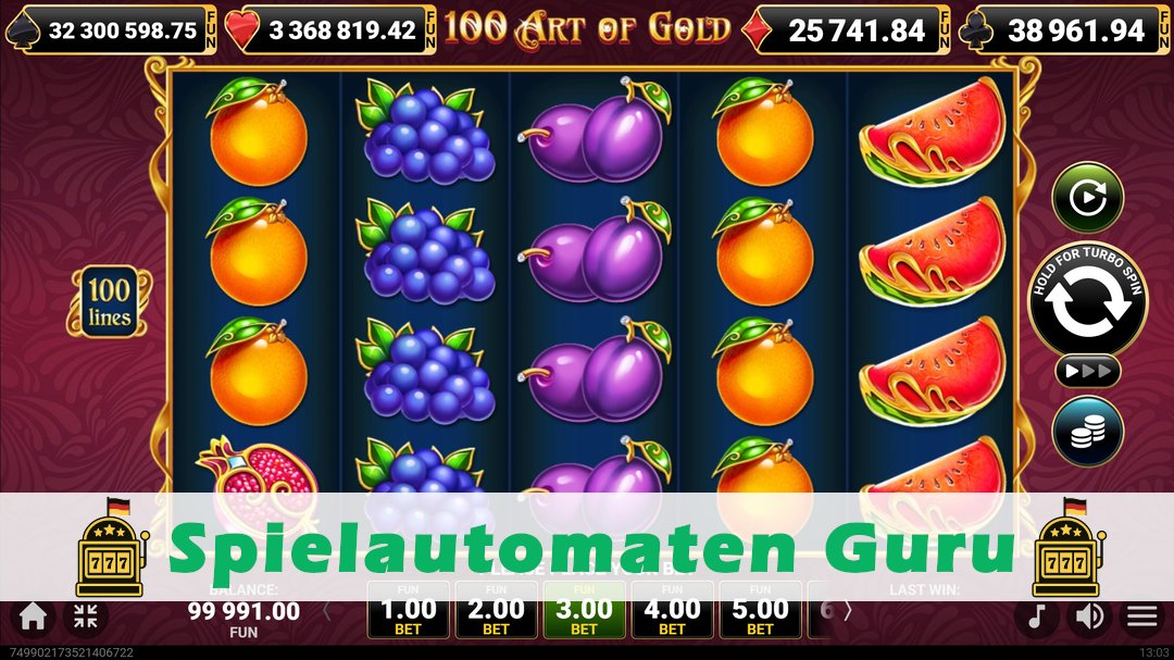 Screenshot der Demo-Version des Spiels 100 Art of Gold Demo des Spielautomaten 100 Art of Gold