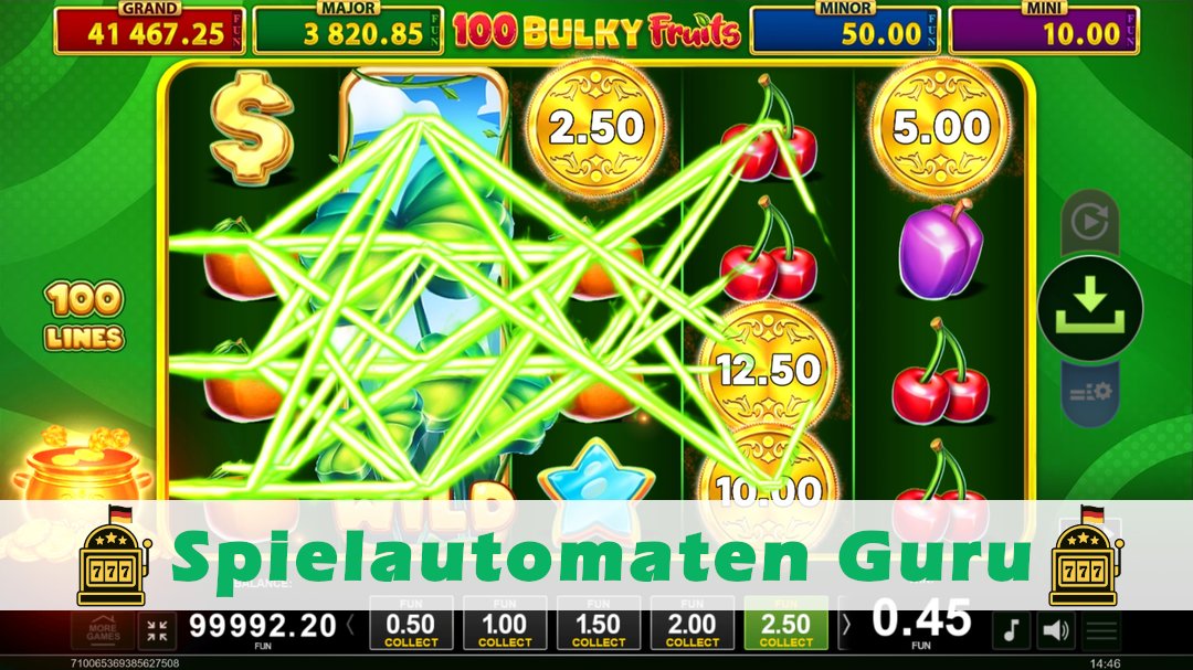 Screenshot der Demo-Version des Spiels 100 Bulky Fruits Golden Coins Link Demo des Spielautomaten 100 Bulky Fruits Golden Coins Link