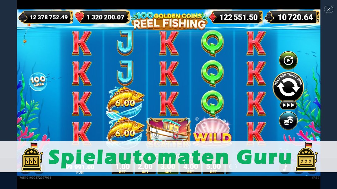 Screenshot der Demo-Version des Spiels 100 Golden Coins Reel Fishing Demo des Spielautomaten 100 Golden Coins Reel Fishing