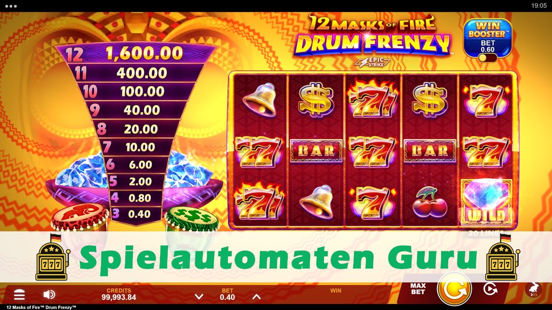 Screenshot der Demo-Version des Spiels 12 Masks of Fire Drum Frenzy Demo des Spielautomaten 12 Masks of Fire Drum Frenzy