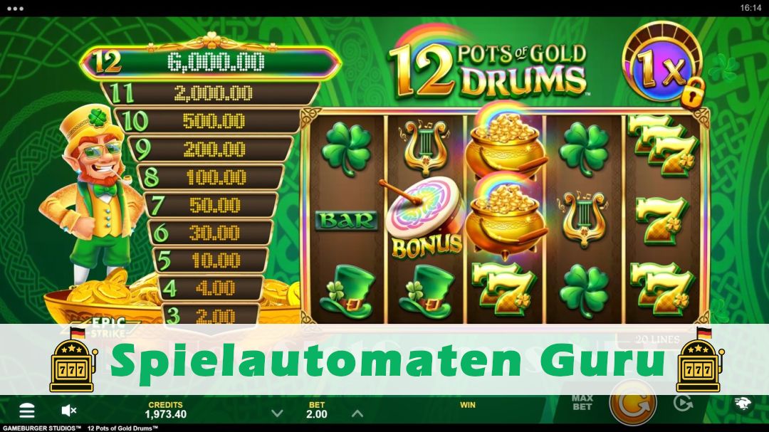 Screenshot der Demo-Version des Spiels 12 Pots of Gold Drums Demo des Spielautomaten 12 Pots of Gold Drums