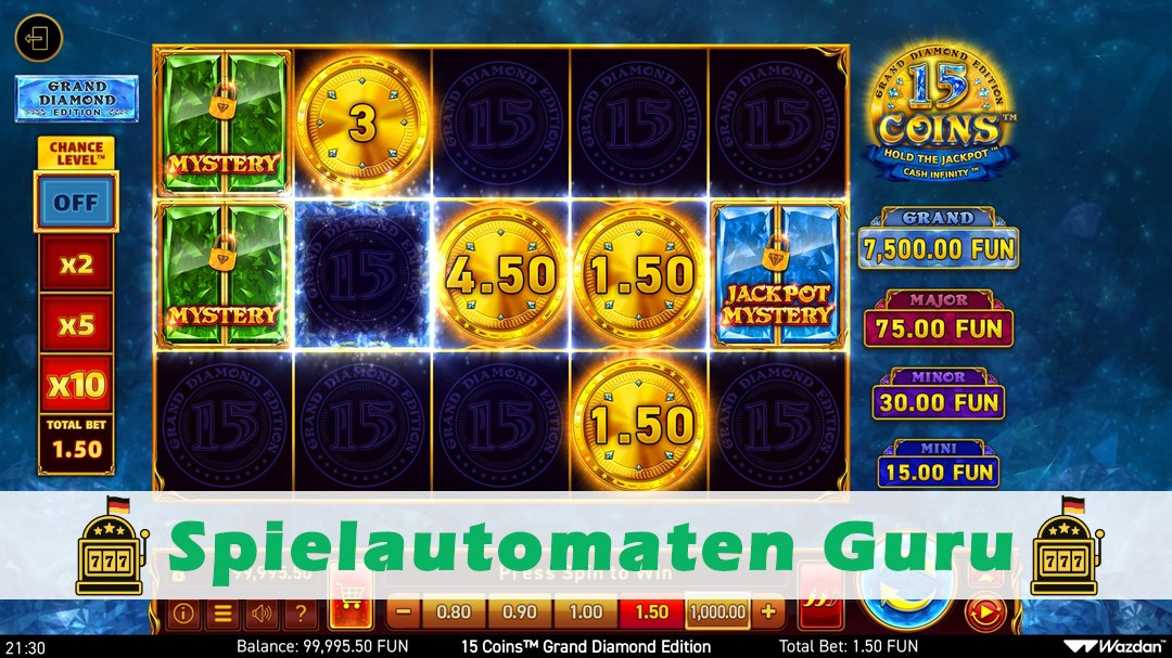 Screenshot der Demo-Version des Spiels 15 Coins Grand Diamond Edition Demo des Spielautomaten 15 Coins Grand Diamond Edition