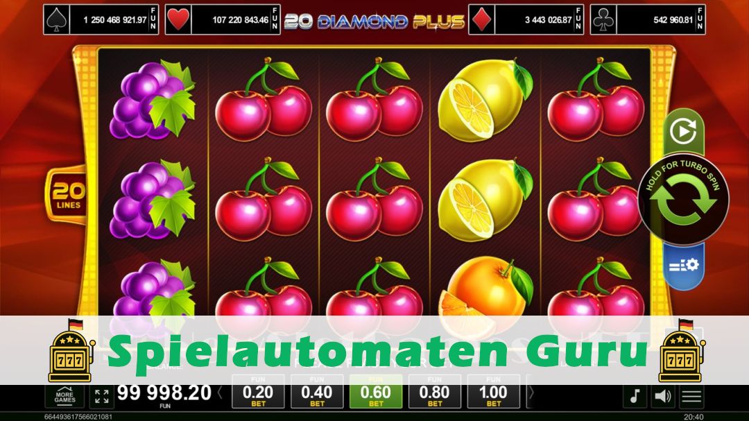 Screenshot der Demo-Version des Spiels 20 Diamond Plus Demo des Spielautomaten 20 Diamond Plus