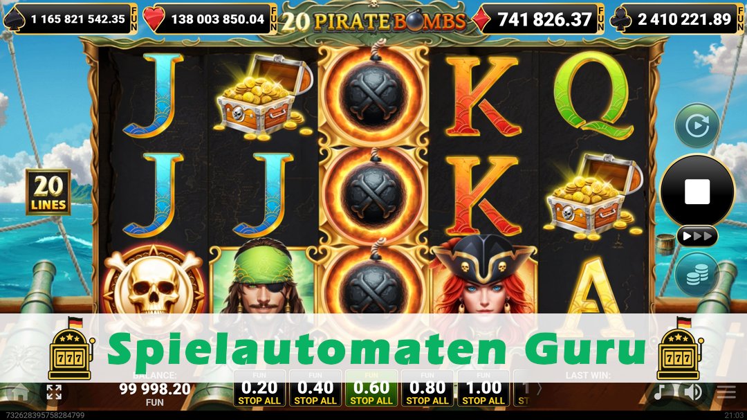 Screenshot der Demo-Version des Spiels 20 Pirate Bombs Demo des Spielautomaten 20 Pirate Bombs