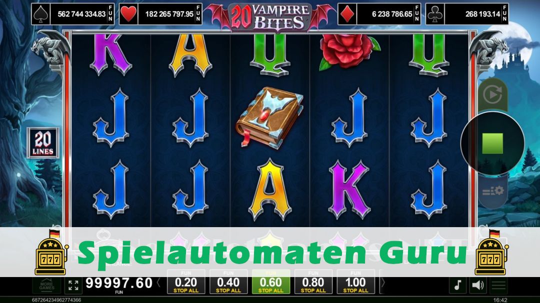 Screenshot der Demo-Version des Spiels 20 Vampire Bites Demo des Spielautomaten 20 Vampire Bites