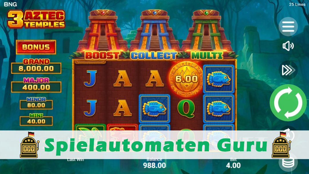 Screenshot der Demo-Version des Spiels 3 Aztec Temples Demo des Spielautomaten 3 Aztec Temples