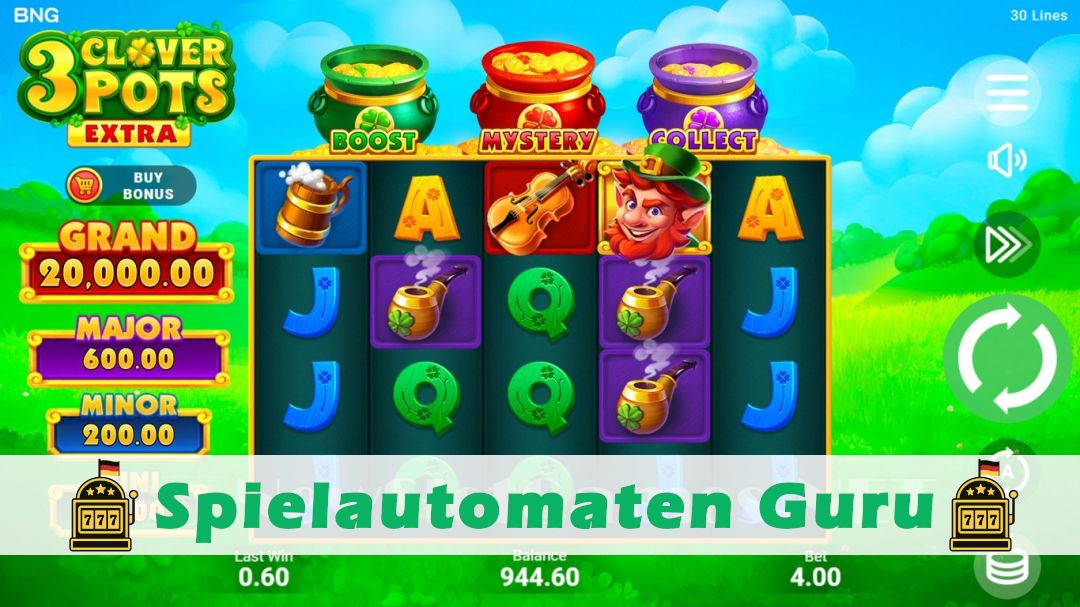 Screenshot der Demo-Version des Spiels 3 Clover Pots Extra Demo des Spielautomaten 3 Clover Pots Extra