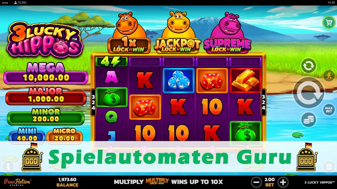 Screenshot der Demo-Version des Spiels 3 Lucky Hippos 2 Demo des Spielautomaten 3 Lucky Hippos 2