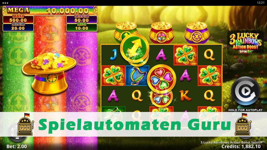 Screenshot der Demo-Version des Spiels 3 Lucky Rainbows Action Boost SpinUP Demo des Spielautomaten 3 Lucky Rainbows Action Boost SpinUP