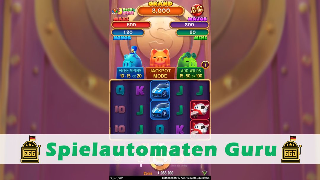 Screenshot der Demo-Version des Spiels 3 Rich Piggies Demo des Spielautomaten 3 Rich Piggies