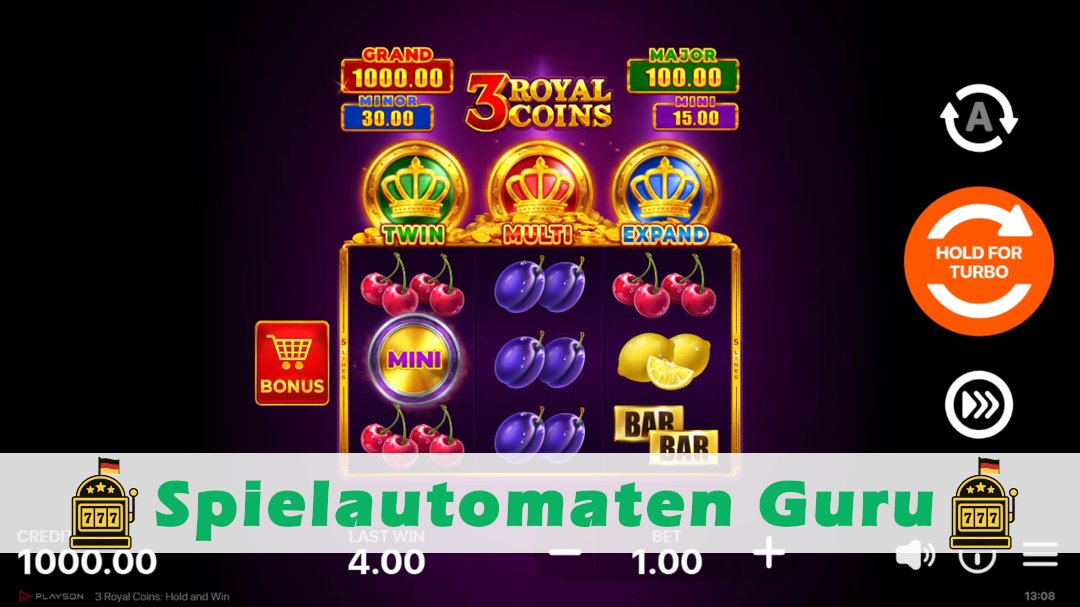Screenshot der Demo-Version des Spiels 3 Royal Coins Hold and Win Demo des Spielautomaten 3 Royal Coins Hold and Win