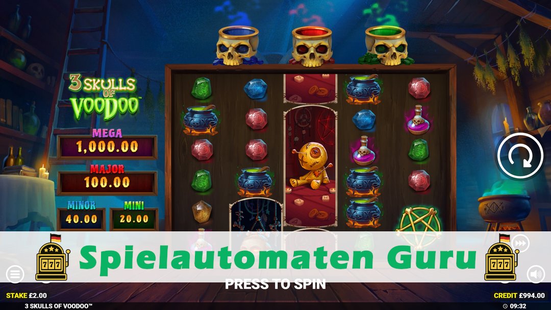 Screenshot der Demo-Version des Spiels 3 Skulls of Voodoo Demo des Spielautomaten 3 Skulls of Voodoo