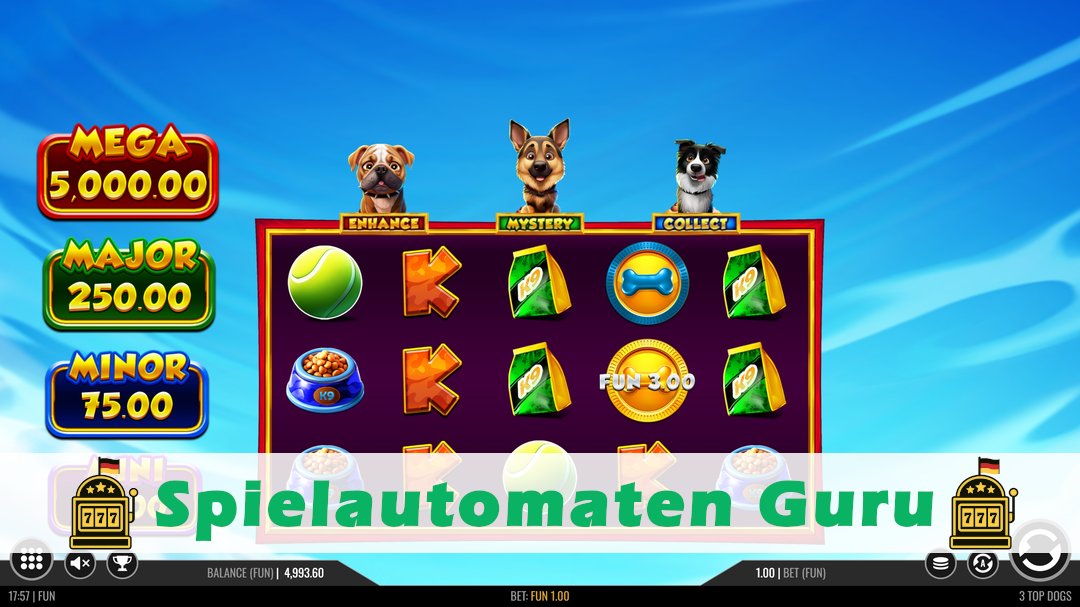 Screenshot der Demo-Version des Spiels 3 Top Dogs Demo des Spielautomaten 3 Top Dogs