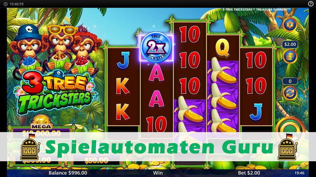 Screenshot der Demo-Version des Spiels 3 Tree Tricksters Treasure Torrent Demo des Spielautomaten 3 Tree Tricksters Treasure Torrent