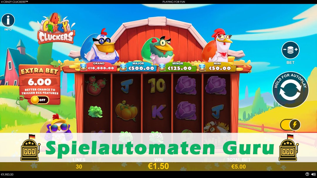 Screenshot der Demo-Version des Spiels 4 Crazy Cluckers Demo des Spielautomaten 4 Crazy Cluckers