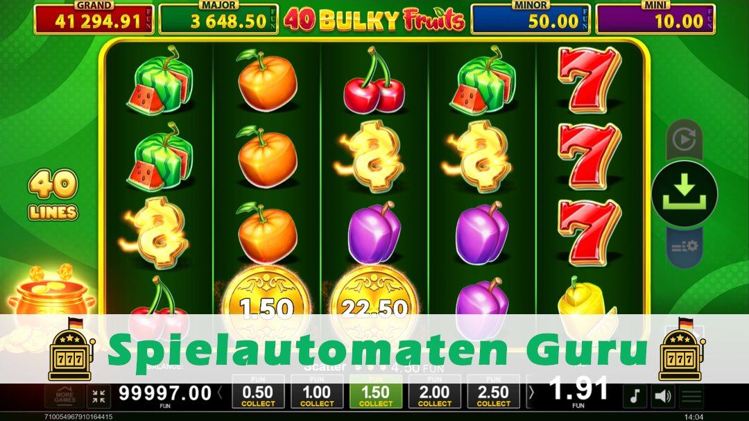 Screenshot der Demo-Version des Spiels 40 Bulky Fruits Golden Coins Link Demo des Spielautomaten 40 Bulky Fruits Golden Coins Link