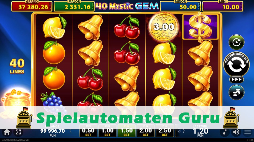 Screenshot der Demo-Version des Spiels 40 Mystic Gem Golden Coins Link Demo des Spielautomaten 40 Mystic Gem Golden Coins Link
