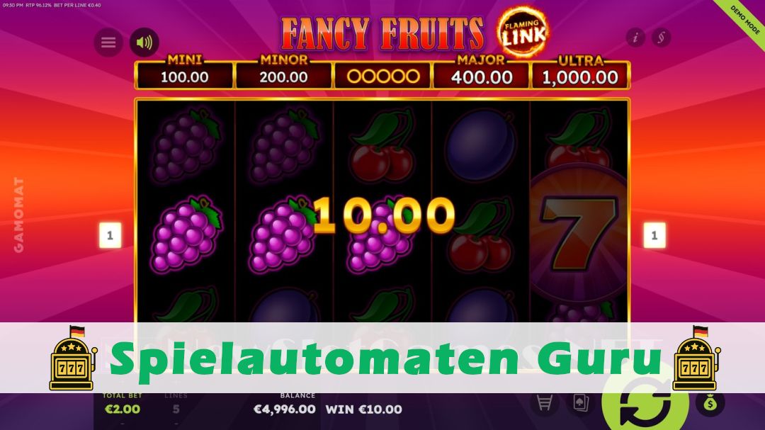 Screenshot der Demo-Version des Spiels 7 Fancy Fruits Flaming Link Demo des Spielautomaten 7 Fancy Fruits Flaming Link