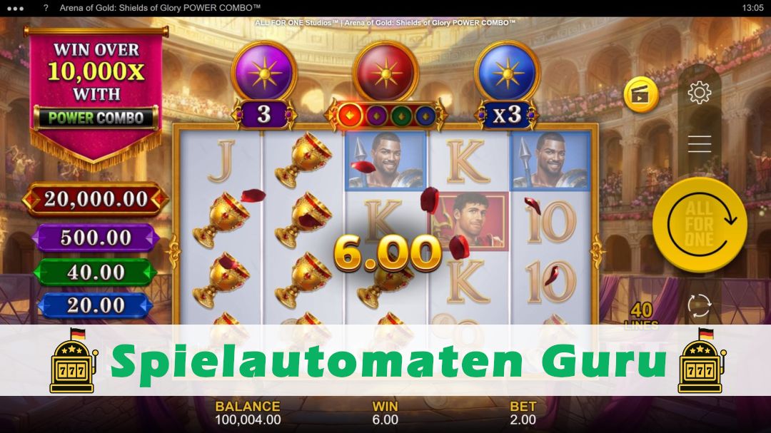 Screenshot der Demo-Version des Spiels Arena of Gold Shields of Glory Demo des Spielautomaten Arena of Gold Shields of Glory
