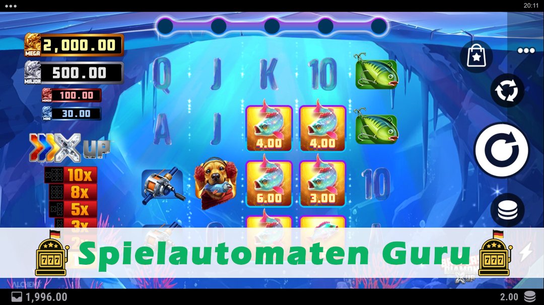 Screenshot der Demo-Version des Spiels Bass Cash Diamond X UP Demo des Spielautomaten Bass Cash Diamond X UP
