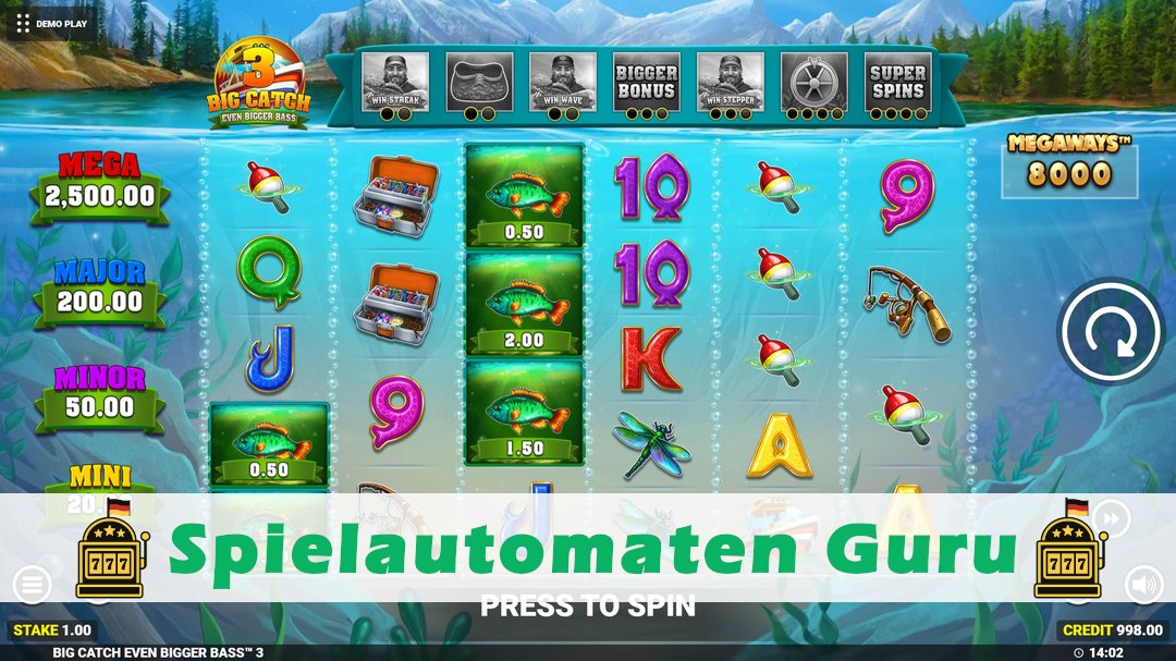 Screenshot der Demo-Version des Spiels Big Catch Even Bigger Bass 3 Demo des Spielautomaten Big Catch Even Bigger Bass 3