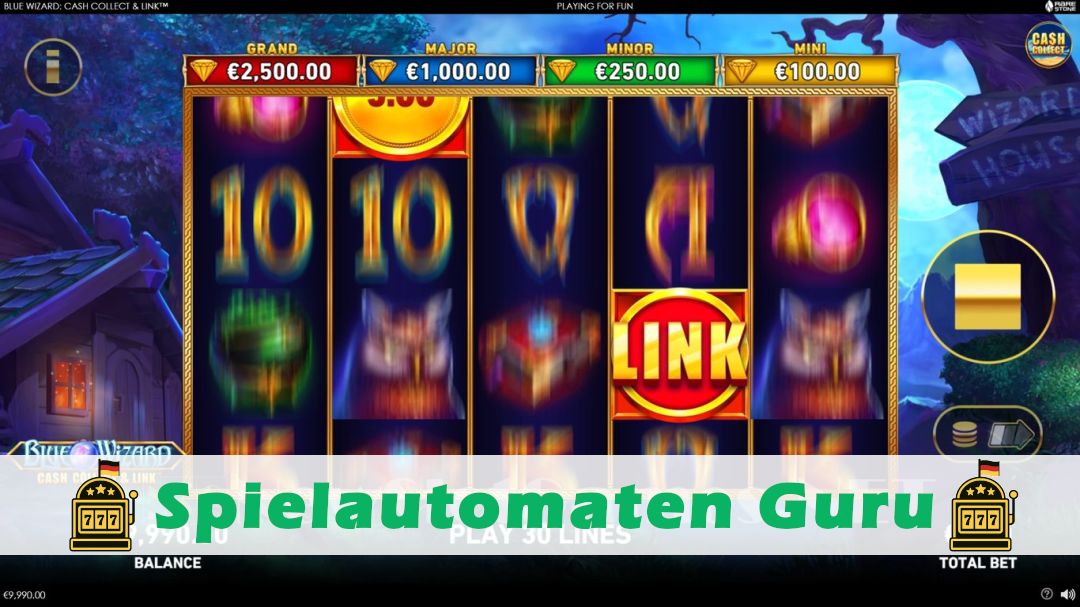 Screenshot der Demo-Version des Spiels Blue Wizard Cash Collect & Link Demo des Spielautomaten Blue Wizard Cash Collect & Link