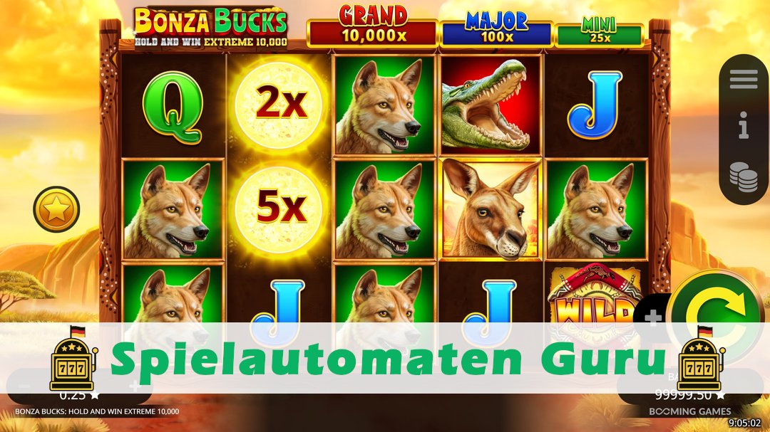 Screenshot der Demo-Version des Spiels Bonza Bucks Hold and Win Extreme 10,000 Demo des Spielautomaten Bonza Bucks Hold and Win Extreme 10,000