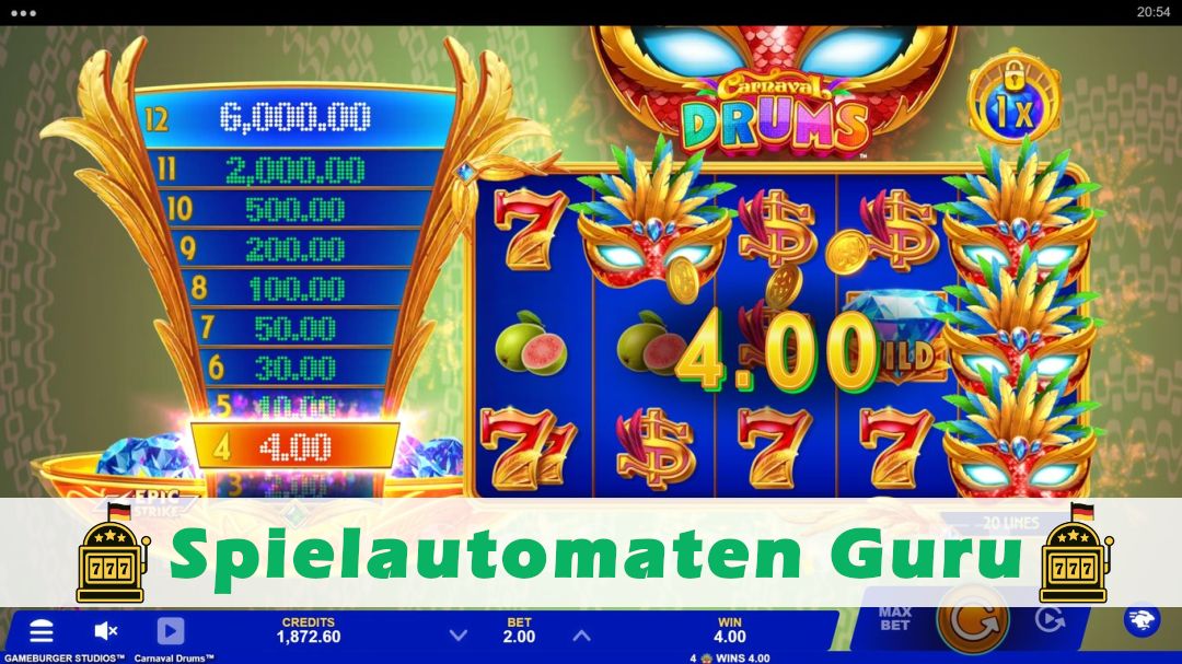 Screenshot der Demo-Version des Spiels Carnaval Drums Demo des Spielautomaten Carnaval Drums