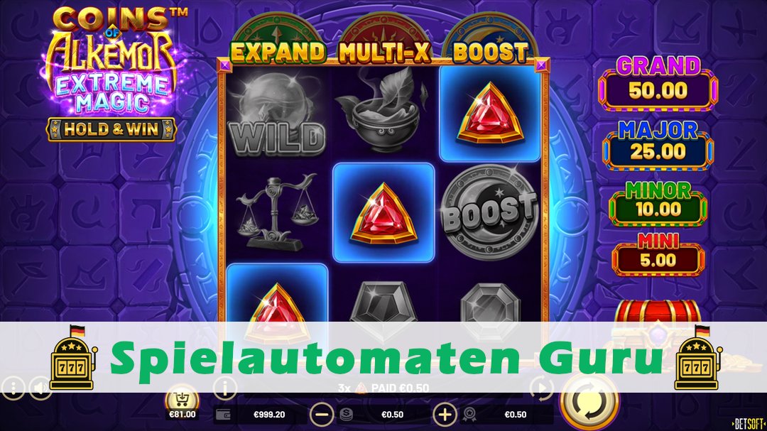 Screenshot der Demo-Version des Spiels Coins of Alkemor Extreme Magic Demo des Spielautomaten Coins of Alkemor Extreme Magic