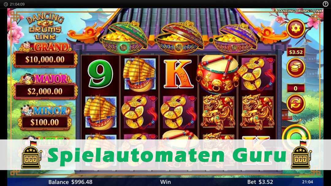 Screenshot der Demo-Version des Spiels Dancing Drums Link Demo des Spielautomaten Dancing Drums Link
