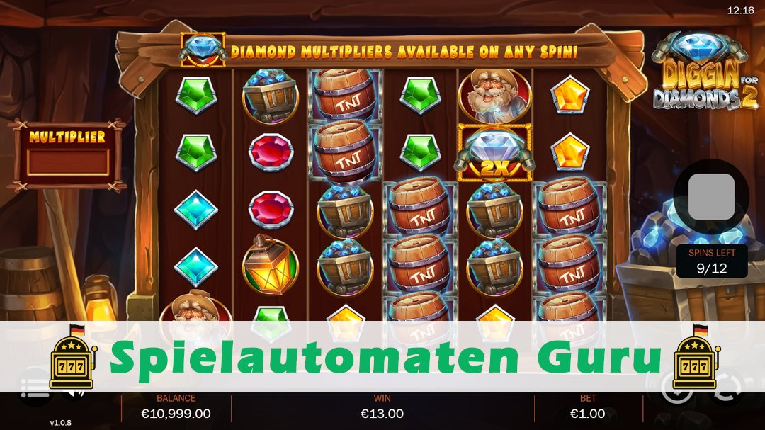 Screenshot der Demo-Version des Spiels Diggin for Diamonds 2 Demo des Spielautomaten Diggin for Diamonds 2