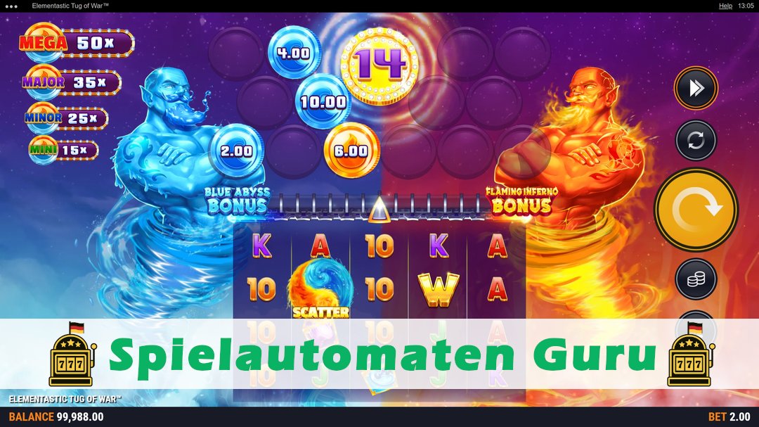 Screenshot der Demo-Version des Spiels Elementastic Tug of War Demo des Spielautomaten Elementastic Tug of War