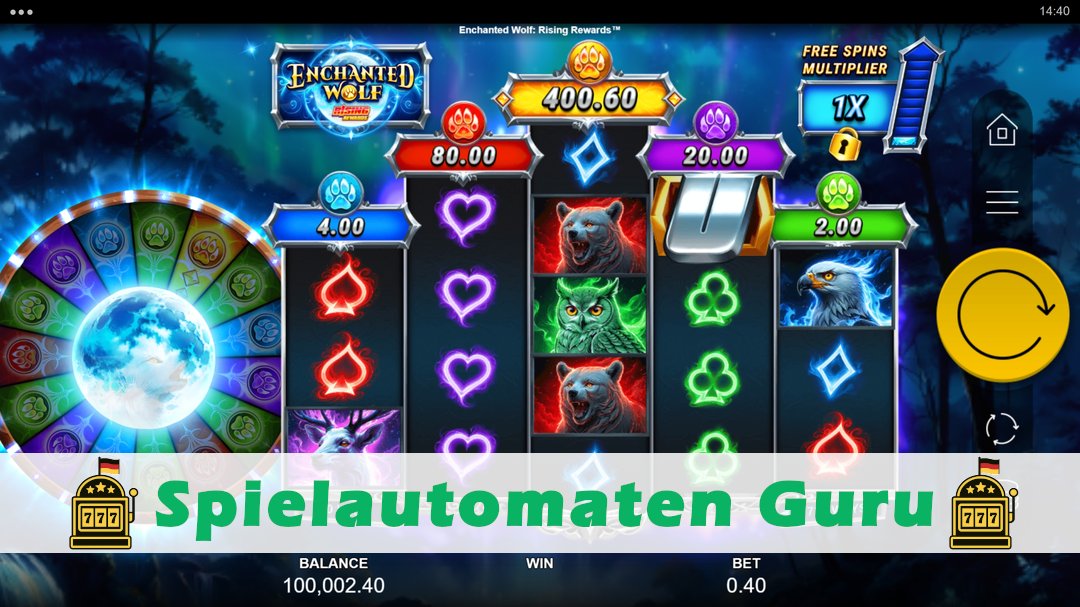 Screenshot der Demo-Version des Spiels Enchanted Wolf Rising Rewards Demo des Spielautomaten Enchanted Wolf Rising Rewards