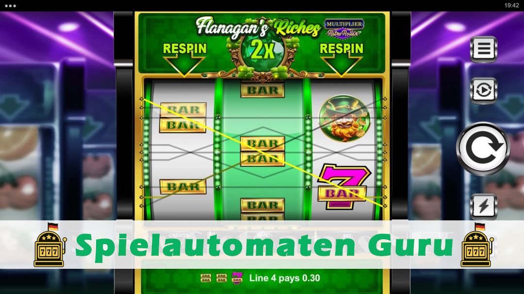 Screenshot der Demo-Version des Spiels Flanagans Riches Multiplier Retro Roller Demo des Spielautomaten Flanagans Riches Multiplier Retro Roller