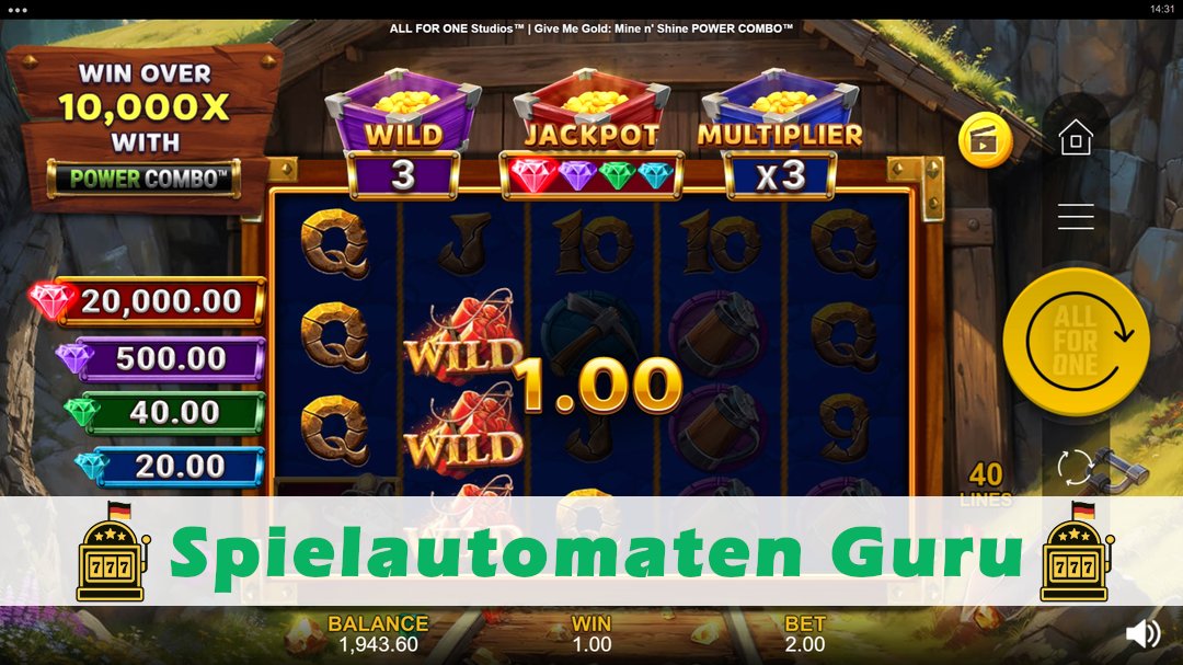 Screenshot der Demo-Version des Spiels Give Me Gold Mine n Shine Power Combo Demo des Spielautomaten Give Me Gold Mine n Shine Power Combo