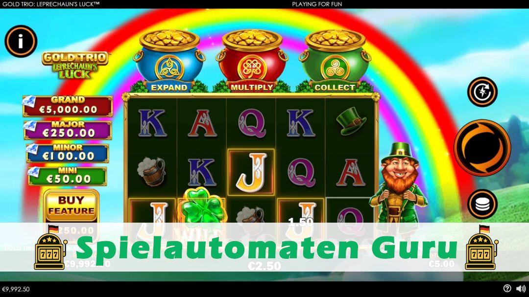 Screenshot der Demo-Version des Spiels Gold Trio Leprechauns Luck Demo des Spielautomaten Gold Trio Leprechauns Luck