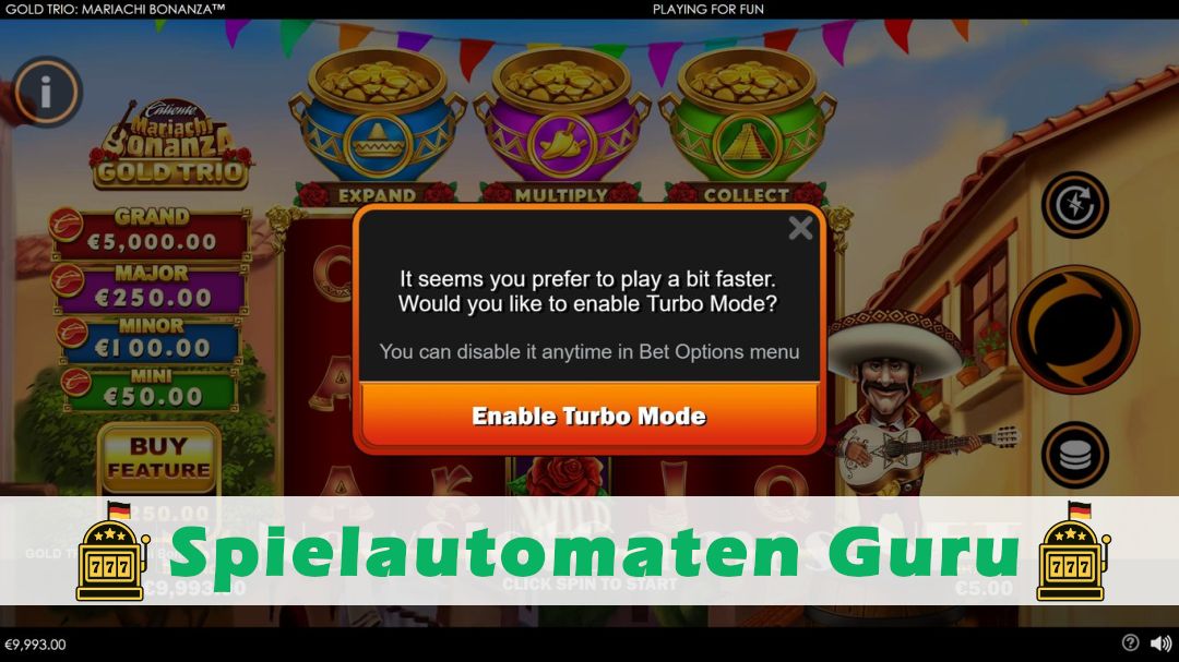 Screenshot der Demo-Version des Spiels Gold Trio Mariachi Bonanza Demo des Spielautomaten Gold Trio Mariachi Bonanza