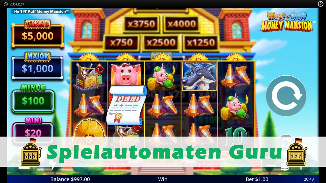 Screenshot der Demo-Version des Spiels Huff N Puff Money Mansion Demo des Spielautomaten Huff N Puff Money Mansion
