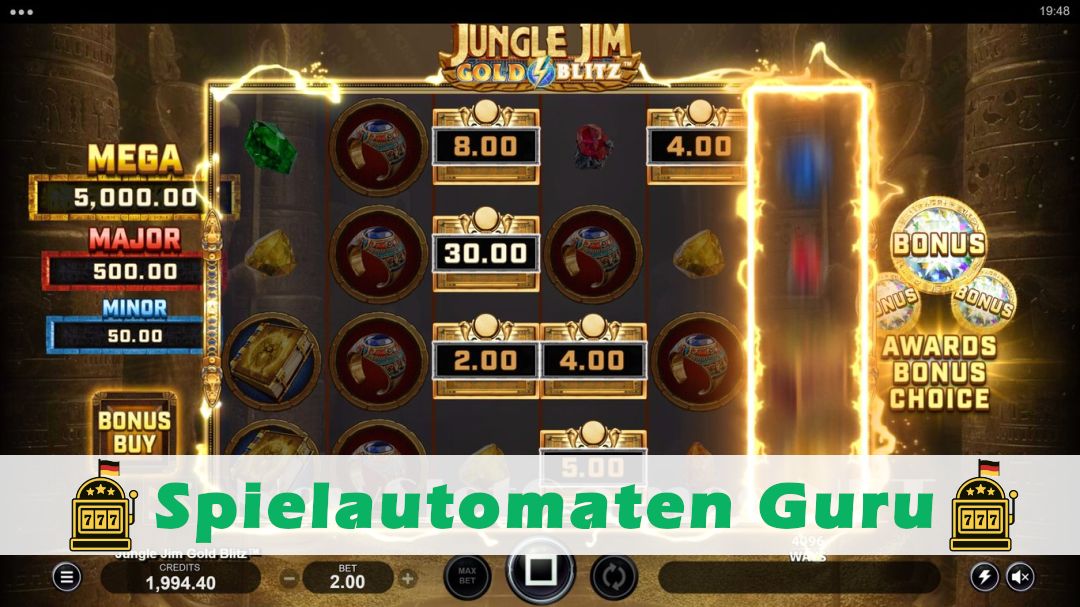 Screenshot der Demo-Version des Spiels Jungle Jim Gold Blitz Demo des Spielautomaten Jungle Jim Gold Blitz