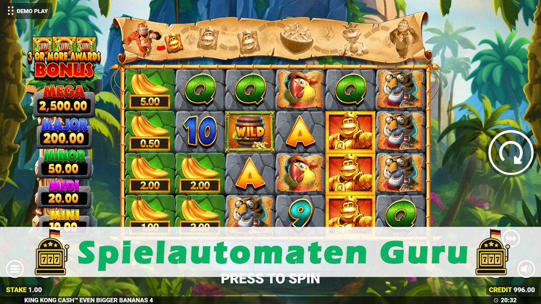 Screenshot der Demo-Version des Spiels King Kong Cash Even Bigger Bananas 4 Demo des Spielautomaten King Kong Cash Even Bigger Bananas 4