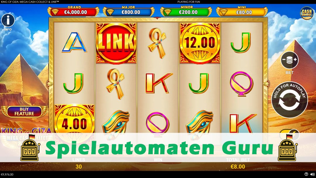 Screenshot der Demo-Version des Spiels King of Giza Mega Cash Collect & Link Demo des Spielautomaten King of Giza Mega Cash Collect & Link