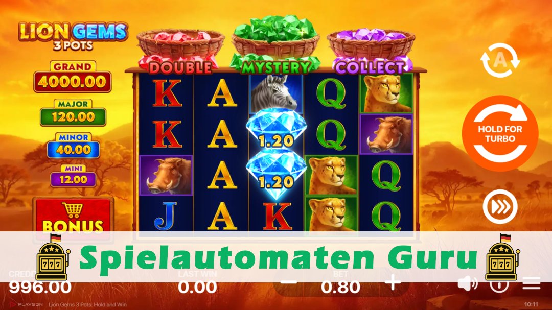 Screenshot der Demo-Version des Spiels Lion Gems 3 Pots Hold and Win Demo des Spielautomaten Lion Gems 3 Pots Hold and Win