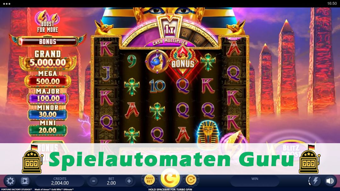 Screenshot der Demo-Version des Spiels Mask Of Amun Gold Blitz Ultimate Demo des Spielautomaten Mask Of Amun Gold Blitz Ultimate