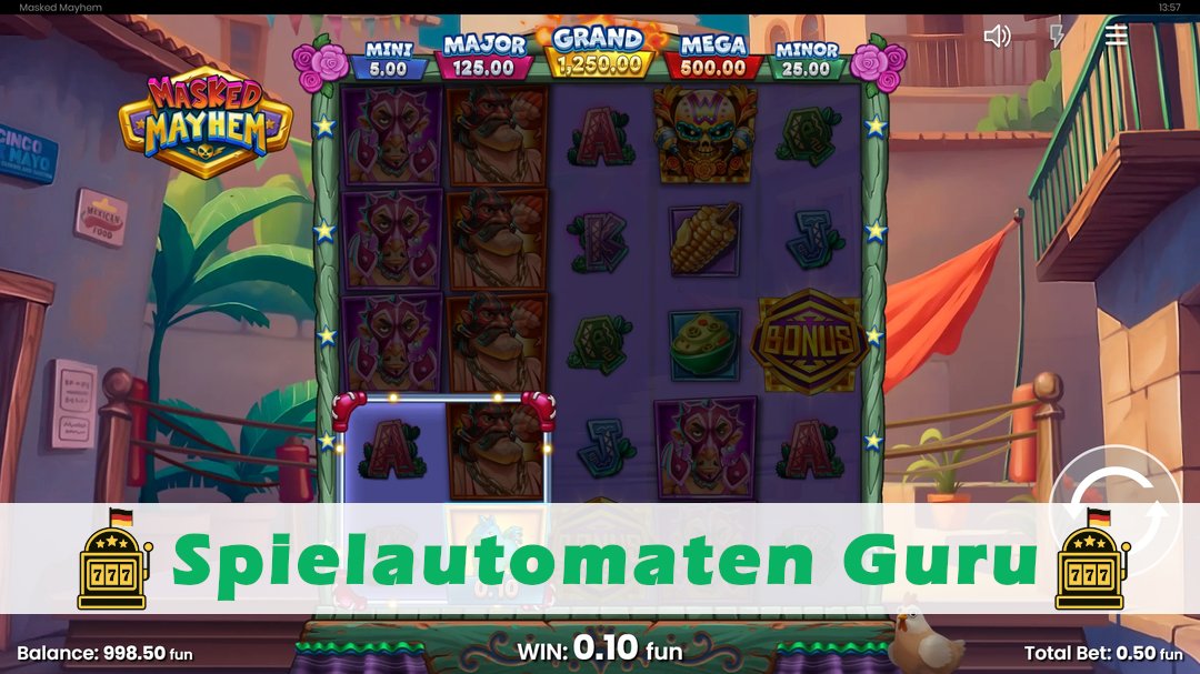 Screenshot der Demo-Version des Spiels Masked Mayhem Demo des Spielautomaten Masked Mayhem
