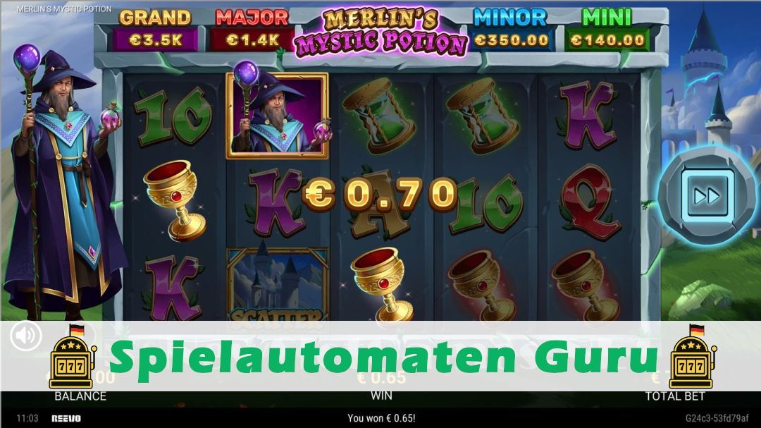 Screenshot der Demo-Version des Spiels Merlins Mystic Potion Demo des Spielautomaten Merlins Mystic Potion