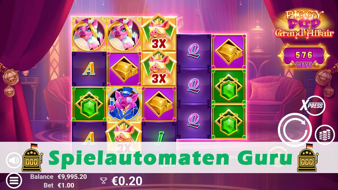 Screenshot der Demo-Version des Spiels PiggyPop Grand Affair Demo des Spielautomaten PiggyPop Grand Affair