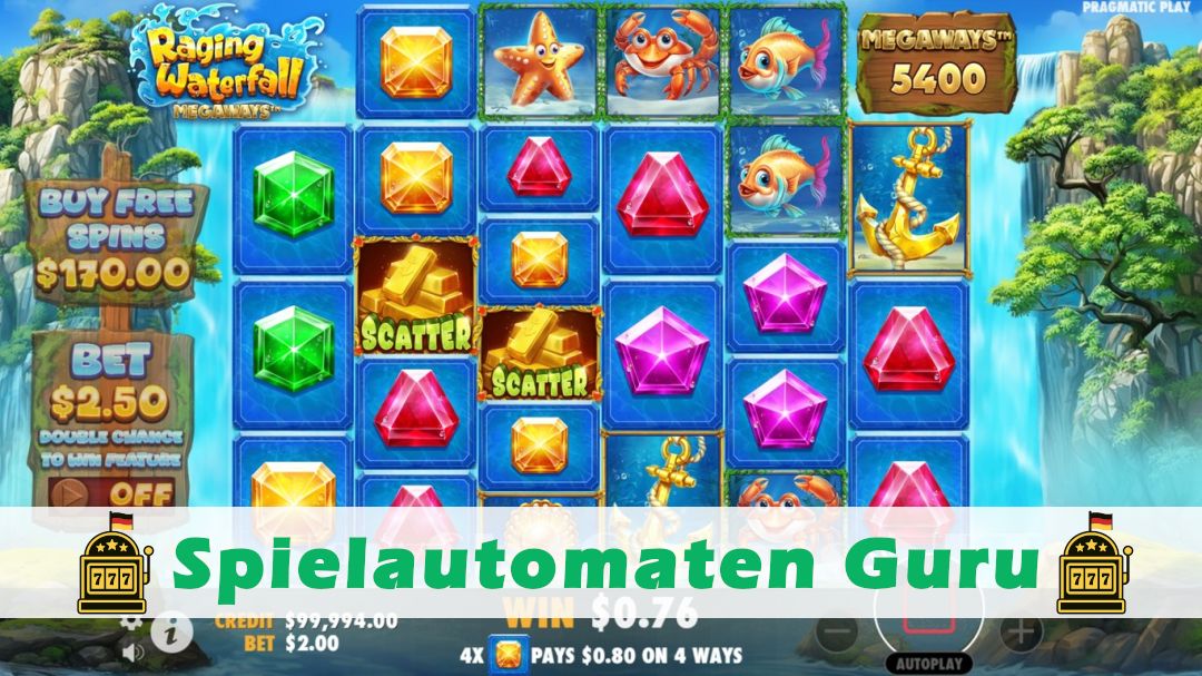 Screenshot der Demo-Version des Spiels Raging Waterfall Megaways Demo des Spielautomaten Raging Waterfall Megaways