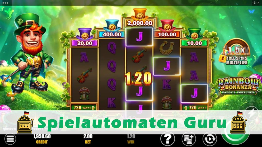 Screenshot der Demo-Version des Spiels Rainbow Bonanza Paddys Fortunes Demo des Spielautomaten Rainbow Bonanza Paddys Fortunes