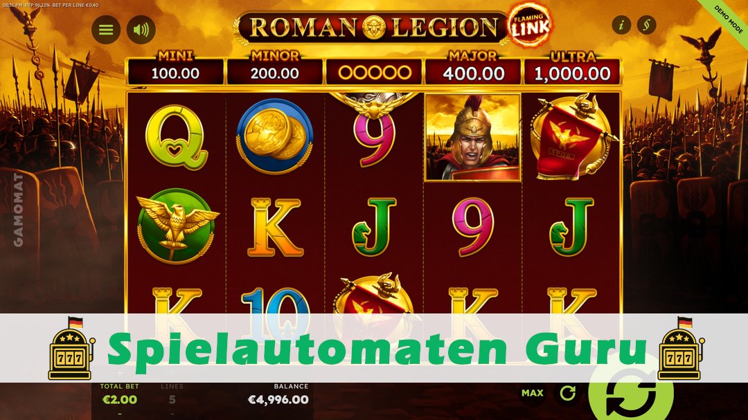 Screenshot der Demo-Version des Spiels Roman Legion Flaming Link Demo des Spielautomaten Roman Legion Flaming Link