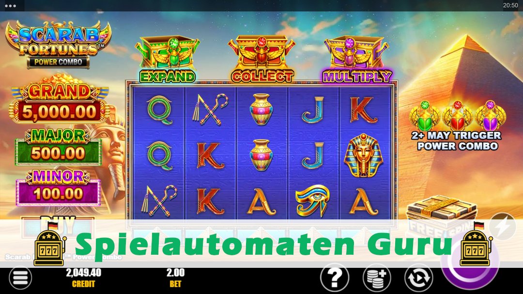 Screenshot der Demo-Version des Spiels Scarab Fortunes Power Combo Demo des Spielautomaten Scarab Fortunes Power Combo